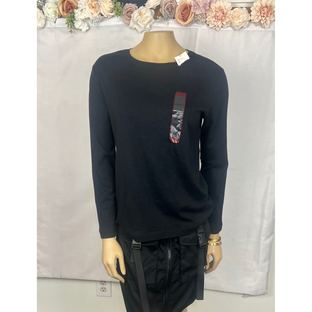NorthCrest Classic‎ Womens Black Long Sleeve Cotton Crew Neck T-Shirt Size M